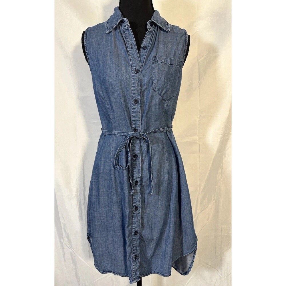 Chambray Shirt Dress Sleeveless Tie Waist Button Front Lyocell Blue Sz S